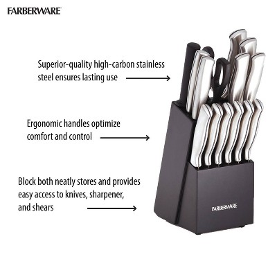 Farberware 15-Piece Stainless Steel Knife Block Set with Black Wood Block