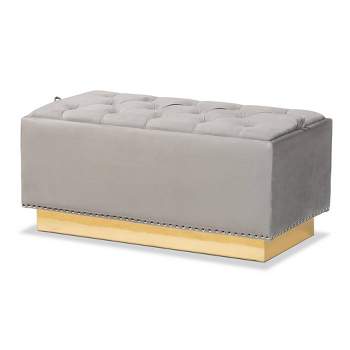 Powell Velvet Fabric Upholstered and PU Leather Storage Ottoman Gold/Gray - Baxton Studio
