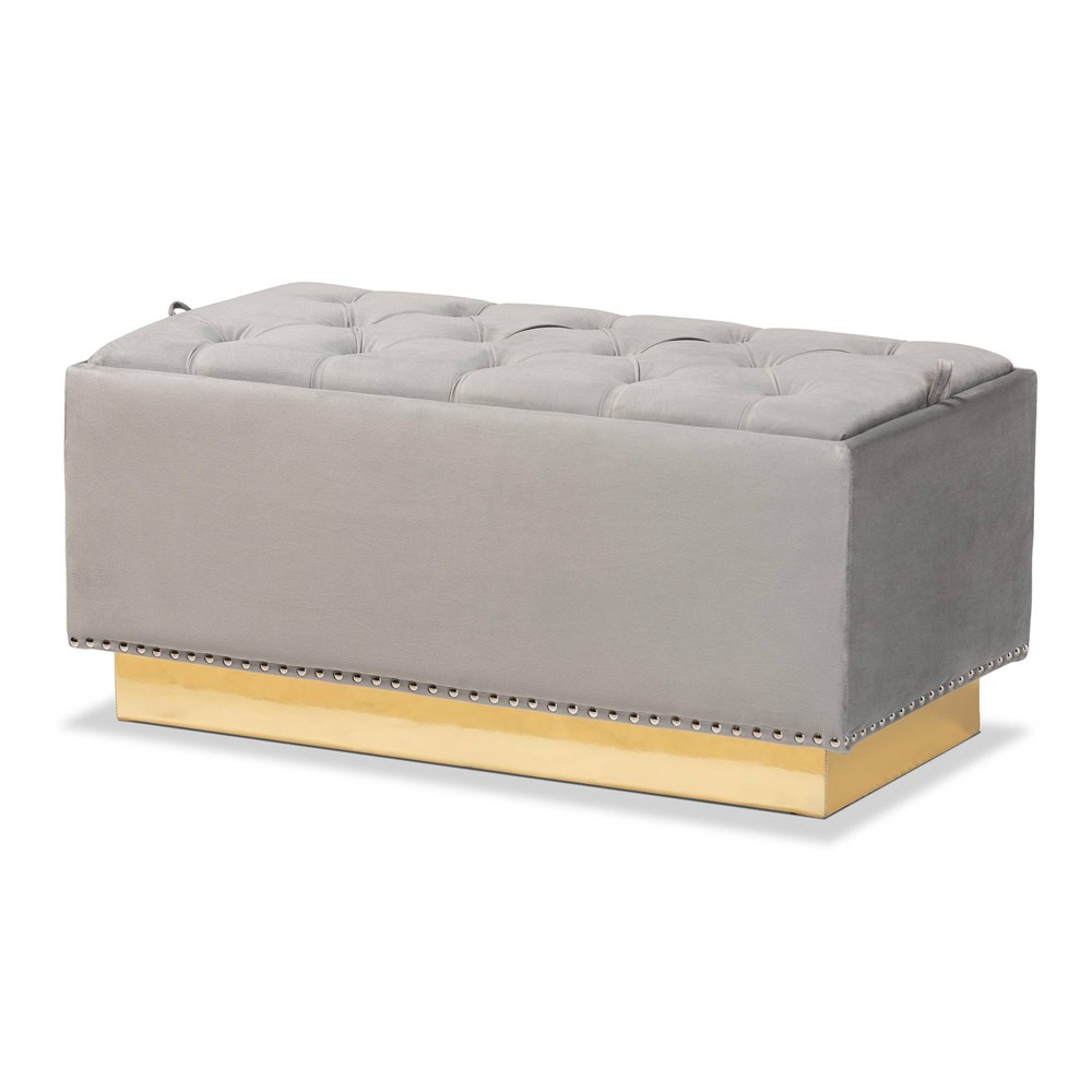 Photos - Pouffe / Bench Powell Velvet Fabric Upholstered and PU Leather Storage Ottoman Gold/Gray