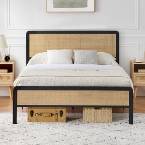 GustoWave Full Size Metal Bed Frame for Adult w/Rattan Headboard and Footboard, Under Bed Storage, No Box Spring Needed - 1 of 4