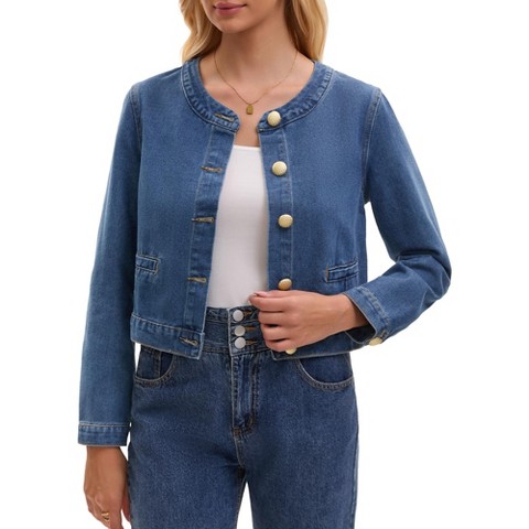 INSPIRE CHIC Women's Crew Neck Denim Long Sleeve 2026 Button Down Cropped Jean Jackets X-Large Blue