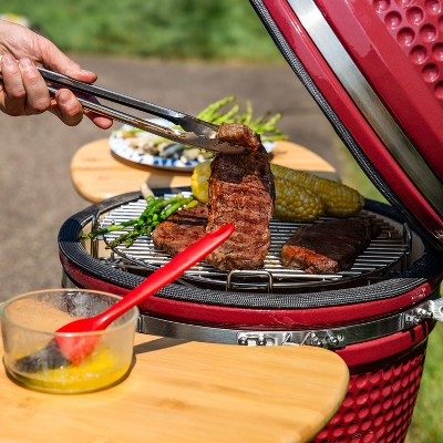 Red Ceramic Kamado Grill with Smoker and Bamboo Side Tables