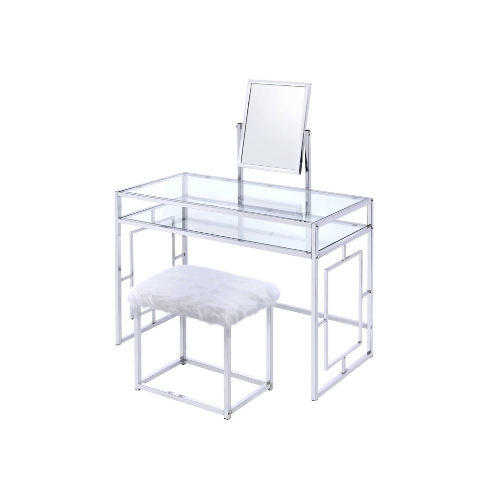 Photos - Other Furniture Acme Furniture Carenze Ii Vanity Table White Faux Fur/Chrome Finish