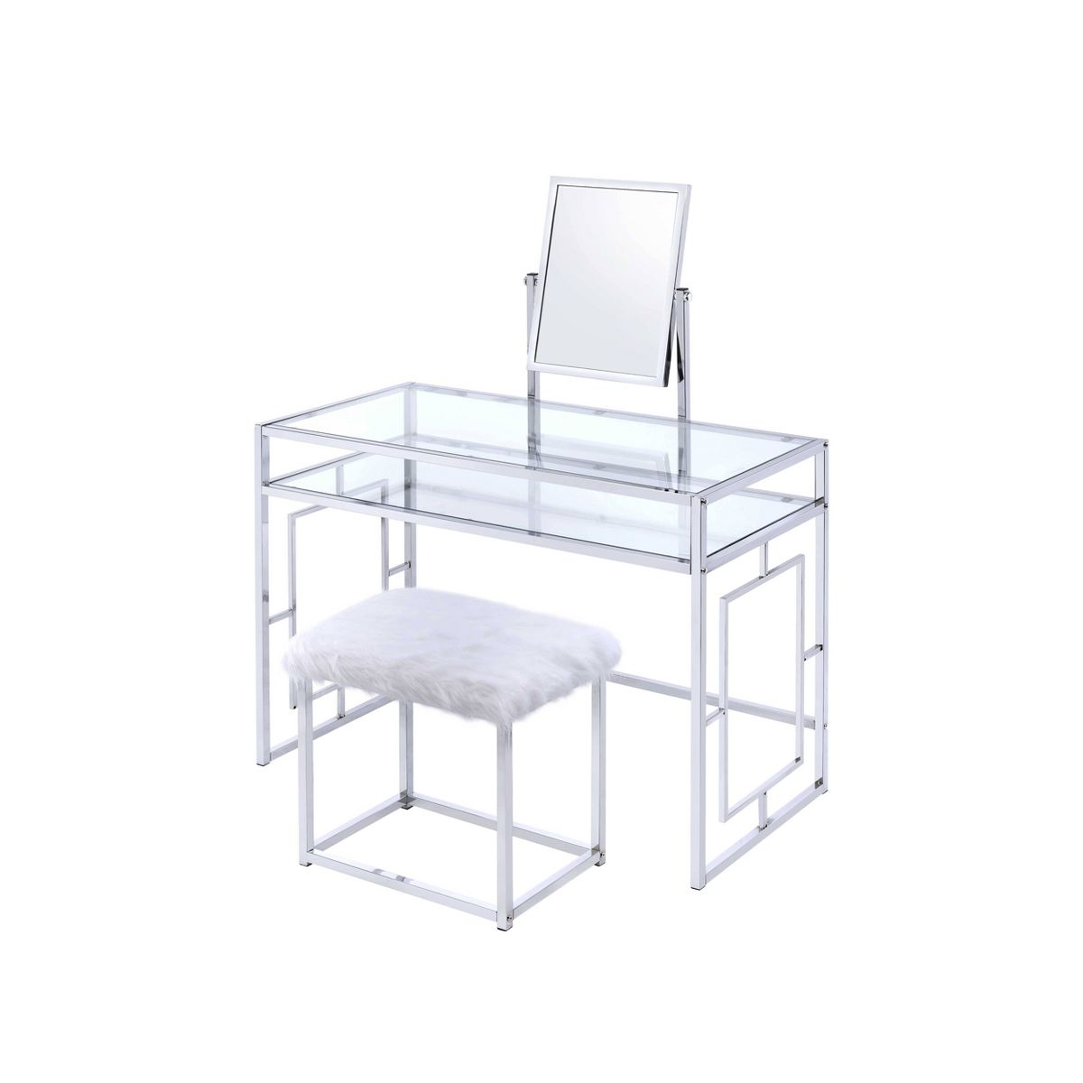 Acme Furniture Carenze Ii Vanity Table White Faux Fur/Chrome Finish