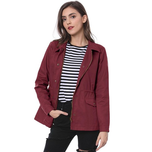 Allegra K Women's Drawstring Waist Flap Pockets Lightweight Utility Jacket  Burgundy Medium