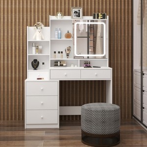 SKRAN Makeup Vanity Desk, White Vanity Table Set with 6 Drawers & Sliding Mirror & Storage Shelves,3 Modes Brightness Adjustable - 1 of 4