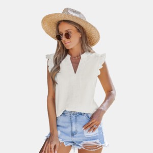 Women's Dreamy Ruffled Cap Sleeve V-Neck Creme Top - Cupshe - 1 of 4