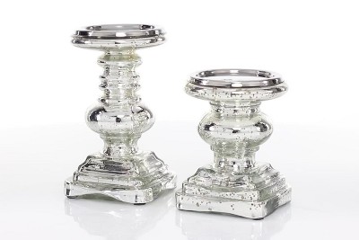 Elegant Silver Mercury Glass Pillar Candle Holder Set, 9" & 7"H