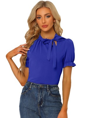 INSPIRE CHIC Women's Bow Tie Neck Solid Color Elastic Cuffs Elegant Office Short Sleeve Blouse