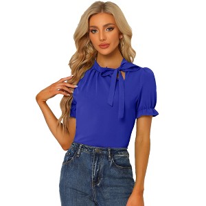 INSPIRE CHIC Women's Bow Tie Neck Solid Color Elastic Cuffs Elegant Office Short Sleeve Blouse - 1 of 4