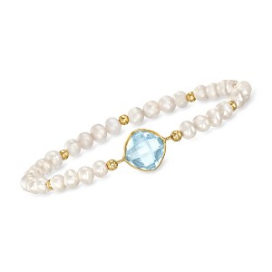 Ross-Simons 4.60 Carat Sky Blue Topaz and 4-5mm Cultured Pearl Bracelet in 14kt Yellow Gold Size - 1 of 4