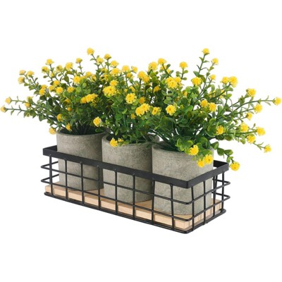 BRINJOY 3-Pack Small Artificial Plants with Paper Pots & Metal Tray | Faux Flowers for Bedroom, Bathroom, Farmhouse Shelf Decor