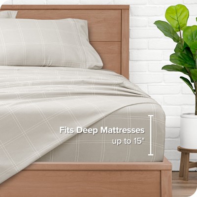 Twin XL Stone and White Plaid Microfiber Sheet Set
