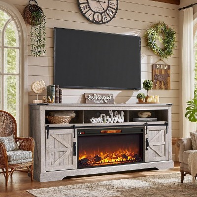 SinCiDo Fireplace TV Stand for 75" TV  w/ Fireplace & Sliding Barn Door, w/ Remote Control, 3D Flame, Fire Place TV Stands for Living Room