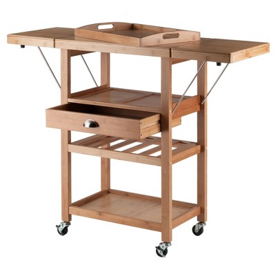 Natural Bamboo Drop Leaf Kitchen Cart with Wine Rack