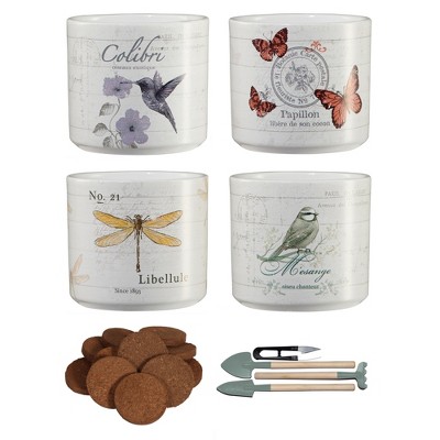 Vintage-Inspired Garden Starter Kit with 4 Decorative Pots & Tools – Butterfly, Bird & Nature Prints, 3.1" Dia.