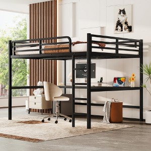 TIRAMISUBEST Queen Size Loft Bed with Power Outlet and LED Lighted, Space-Saving Metal Loft Bedframe with Bulit-in Desk, Ladder and Guardrail - 1 of 4