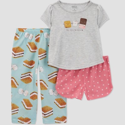 Image of Carter's Just One You® Toddler Girls' 3pc Short Sleeve Smores Pajama Set - Mint Green/Pink 18M