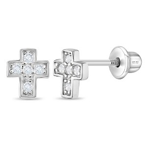 Girl's Tiny Classic CZ Cross Screw Back Sterling Silver Earrings - In Season Jewelry - 1 of 4