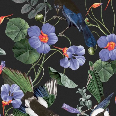 Midnight Garden Black Floral Tropical Wallpaper