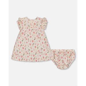 Deux par Deux Girl Printed Seersucker Dress and Bloomer Set Pink Flowers on Cream Background - 1 of 3