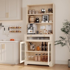 Pantry Cabinet with Glass Doors, 3-Tier Open Shelf Kitchen Pantry Storage Cabinet with Drawer & Adjustable Shelves - 1 of 4