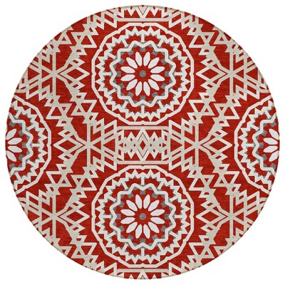 Red Beige And Ivory Floral Medallion Washable Indoor Outdoor Area Rug