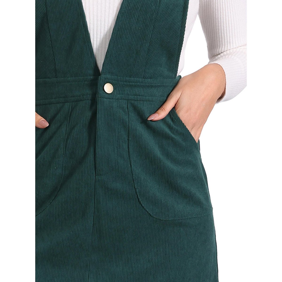 Женские платья INSPIRE CHIC Women's V-Neck Corduroy Strap Back Overall Mini Pinafore Dress Deep Green Small — фото 5