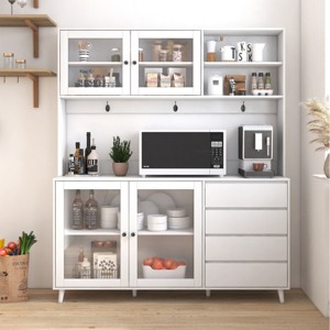 63" Large Kitchen Hutch Cabinet with Microwave Shelf, 4 Glass Doors & 4 Drawers for Pantry Dining Room-3irtyhousy - 1 of 4