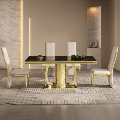 Modern Rectangular Dining Table with Black Tempered Glass Top, Gold Stainless Steel Frame for Dining Room or Kitchen-The Pop Home