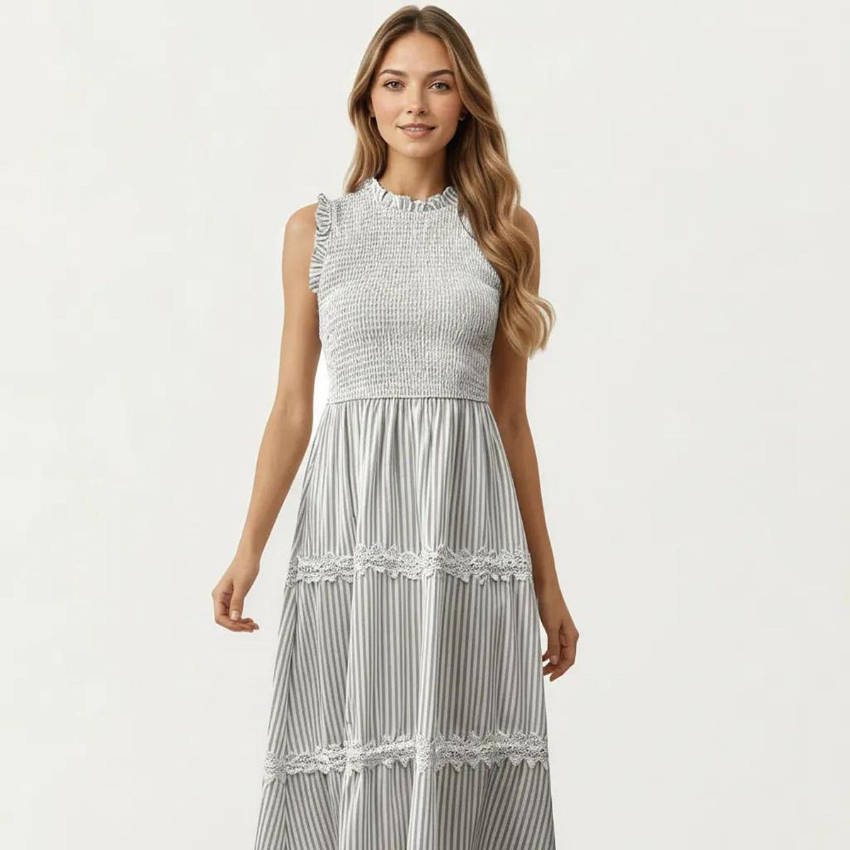 Anna-Kaci Women's Sleeveless Smocked Midi Dress with Ruffle Armholes and Lace Trim Panels - thumbnail 7