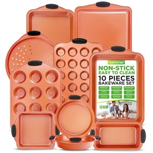 NutriChef Steel Nonstick Bakeware Set - Carbon Steel Baking Tray Set w/Heatsafe Red Silicone Handles, Oven Safe Up to 450°F, Pizza Loaf Muffin - 1 of 4