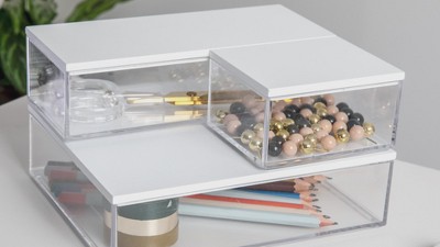 Clear and White Stackable Plastic Storage Bins with Wood Lids, 3-Pack