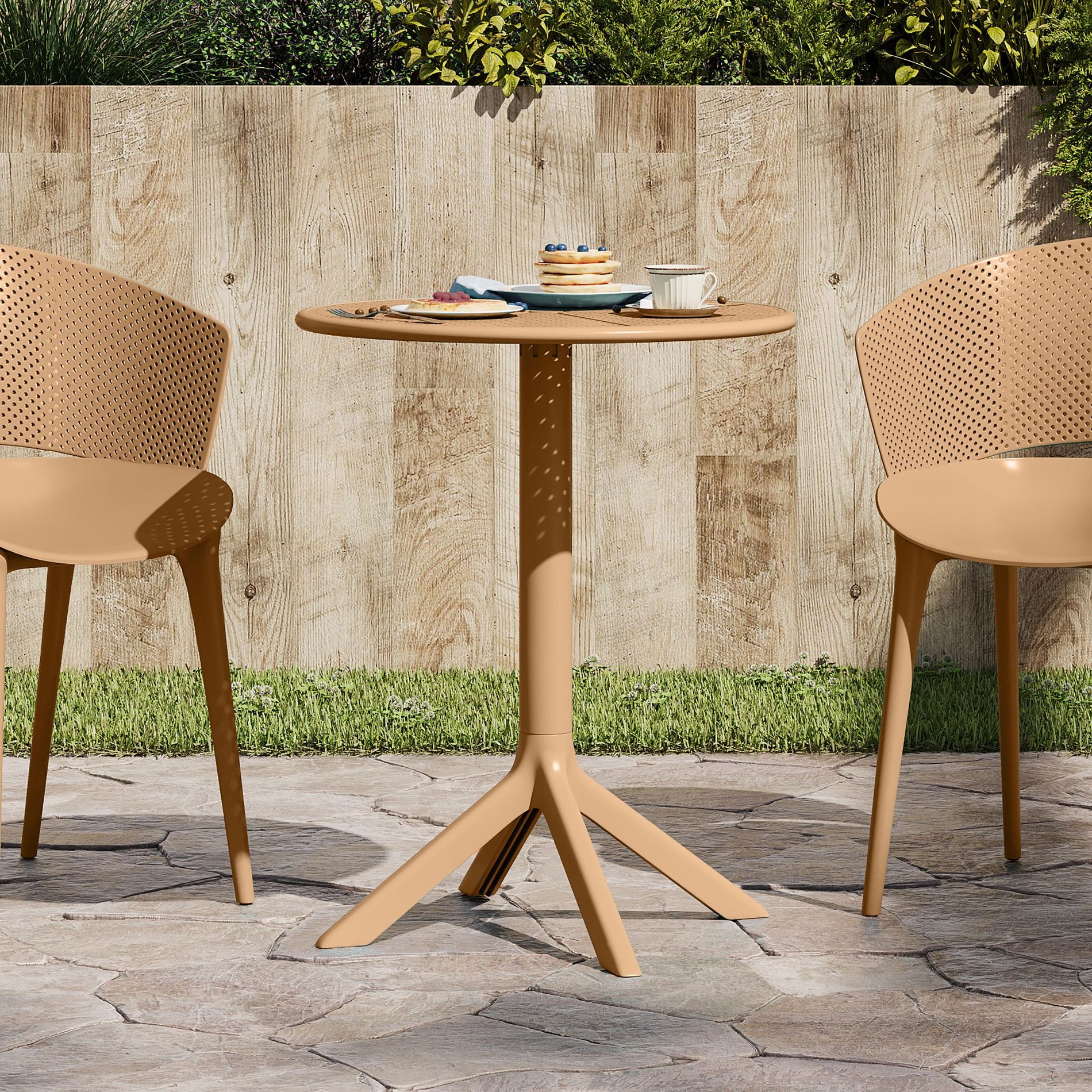 ModernLuxe Outdoor Bistro Table, Round Cafe-Inspired Small Patio Dining Table with Accent Column Base for Balcony, Garden & Poolside, Brown Yellow