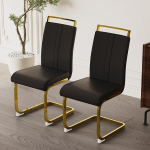 Gulches Modern High Back Dining Chairs Set of 2, Black Faux Leather Upholstered Side Chairs with C-Shaped Golden Plated Metal Legs - 1 of 4
