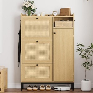 Garvee Shoe Cabinet with 3 Flip Drawers, 4-Tier Rattan Shoe Storage Cabinet, Freestanding Shoe Organizer with Adjustable Shelves for Entryway - 1 of 4