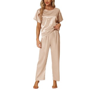 cheibear Women's Satin Summer Short Sleeves Sleepshirt with Pants Lounge Pajamas Sets - 1 of 4