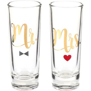 Blue Panda Set of 2 'Mr Mrs' Couple Shot Glasses 2 oz with Gold Foil Print - 1 of 4