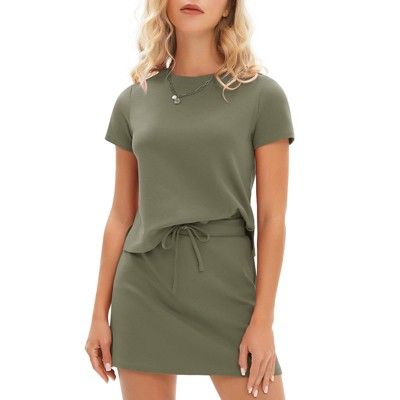 EXLURA Womens Casual Summer 2 Piece Short Skirt Sets Short Sleeve Tshirt And Tennis Skort Dressy Cotton Matching Sweatsuits