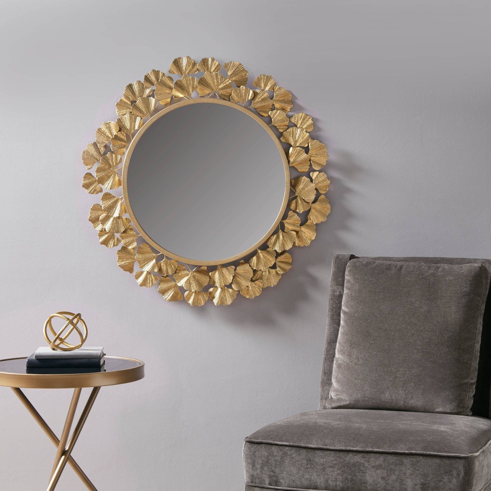 Photos - Wall Mirror Martha Stewart Eden Foil Ginkgo Decorative  Gold - : Luxurious Iron Frame, 30.5" Diameter, No Assembly Required 