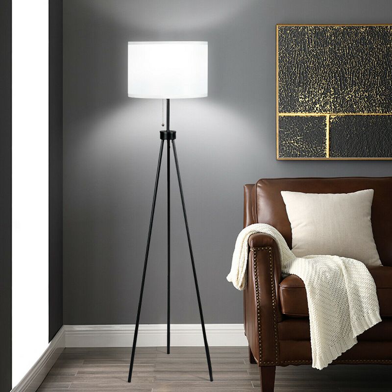 Costway Modern Metal Tripod Floor Lamp White Fabric Shade w/ Chain Switch Home & Office, 4 of 10