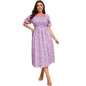 Womens Puff Sleeve Summer Floral Dress Plus Size Smocked Ruffle Square Neck Casual Dress Cute Midi Dress Purple2 Flower 3XL - 1 of 4