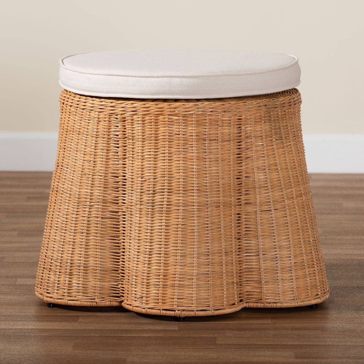 bali & pari Palm Scallop Natural Rattan 26" Round Ottoman with Cushion Light Honey - thumbnail 6