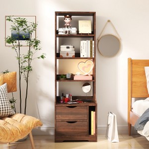 19"W Bookcase Bookshelf Display Rack with Open Storage Shelves and 2 Storage Drawers, White/Walnut-ModernLuxe - 1 of 4