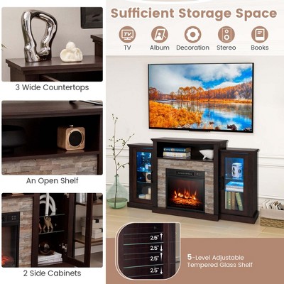 Dark Brown MDF and Glass Fireplace TV Stand with Cabinets