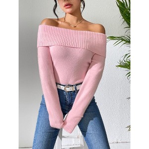Womens Off Shoulder Knit Sweater Fitted Long Sleeve Elegant Pullover Sweater Tops - 1 of 3