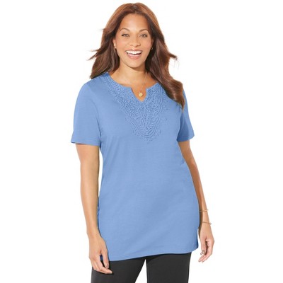 Catherines Women's Plus Size Easy Fit Embroidered Notch-Neck Tunic