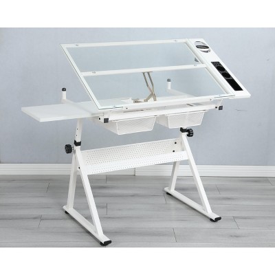 Adjustable tempered glass drafting printing table with chair