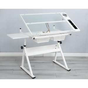 Adjustable tempered glass drafting printing table with chair - 1 of 3