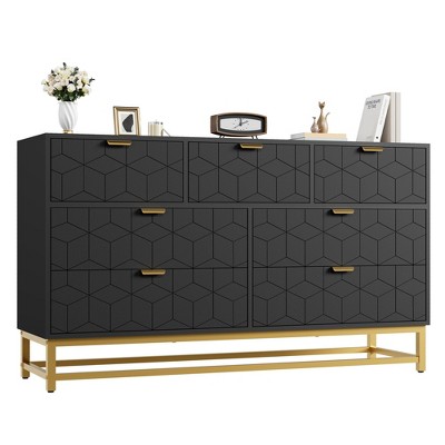 53.5“ Wide Dresser for Bedroom,Modern 7 Drawer Triple Dresser with Gold Accents,Long Storage Organizer for TV Stand & Closet